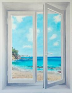 a window with a view of the ocean