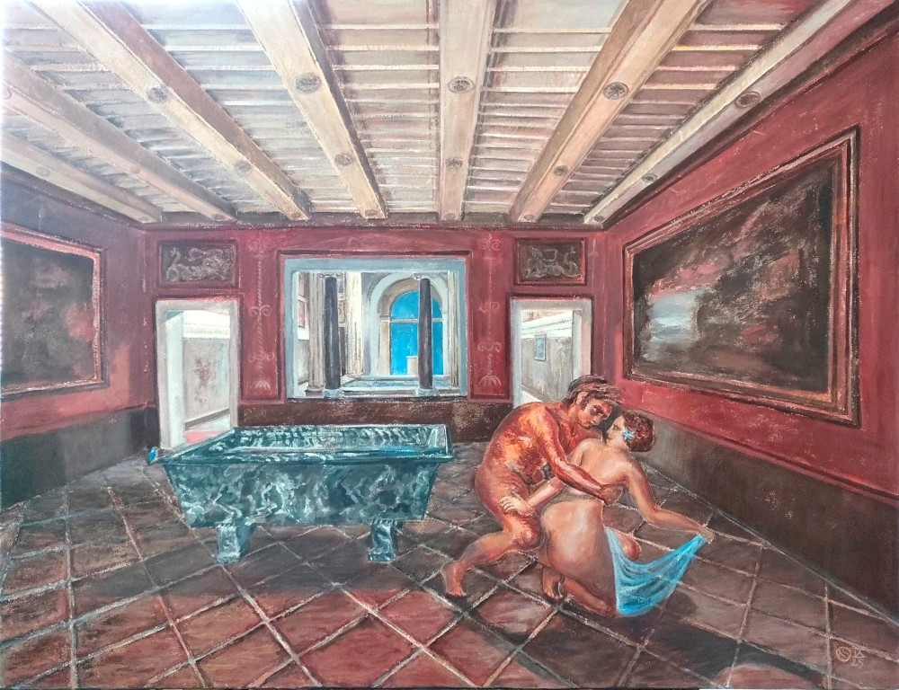 Ein Paar flirtet in einem antiken Raum neben einer Badewanne, Römische Bäder, Satyr und Mänade