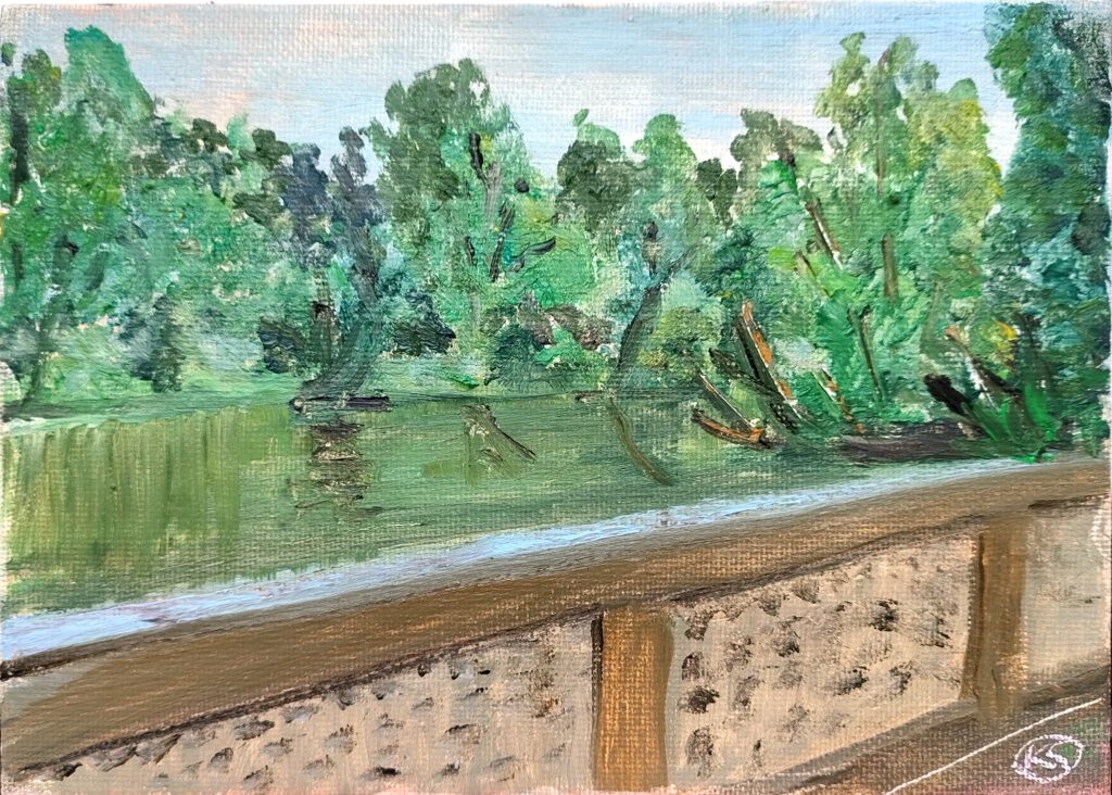 See im Park mit Mauer, Ölmalerei, 18x13 cm