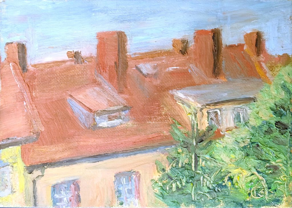 Häuserdächer und Baumwipfel, Ölmalerei, 18x13 cm